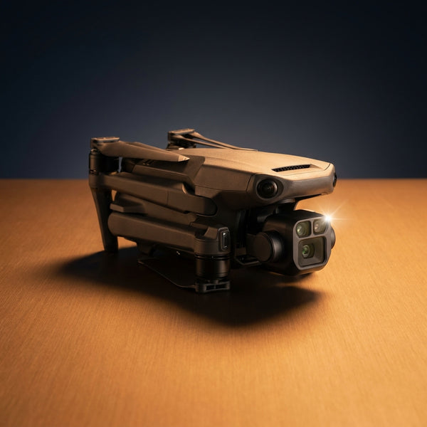 The folded drone centered on a warm brushed-amber surface, shot at a 3/4 front-left angle. Studio lighting with a soft warm key light from the upper right casts a single clean shadow to the lower left. Background is deep midnight navy fading to charcoal — evoking celebration and anticipation without literal festive clichés. The triple-lens camera housing catches a sharp specular highlight. Subject fills 70% of the square frame with equal breathing room on all sides. No text, no logos, no branding. Square 1: