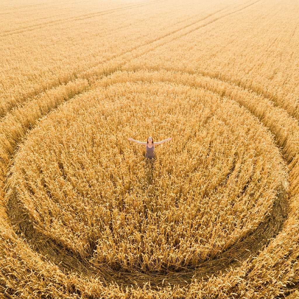 A bird's-eye aerial view looking straight down at a young woman standing alone in the dead center of a vast golden wheat field at harvest season, arms stretched wide, face tilted upward toward the camera. She occupies roughly 10% of the square frame; the remaining 90% is an ocean of warm golden grain stretching to every edge, creating a powerful sense of infinite scale. No drone in frame. No product, no text, no logos. The metaphor is the elevation of an ordinary moment into something unforgettable — the pe