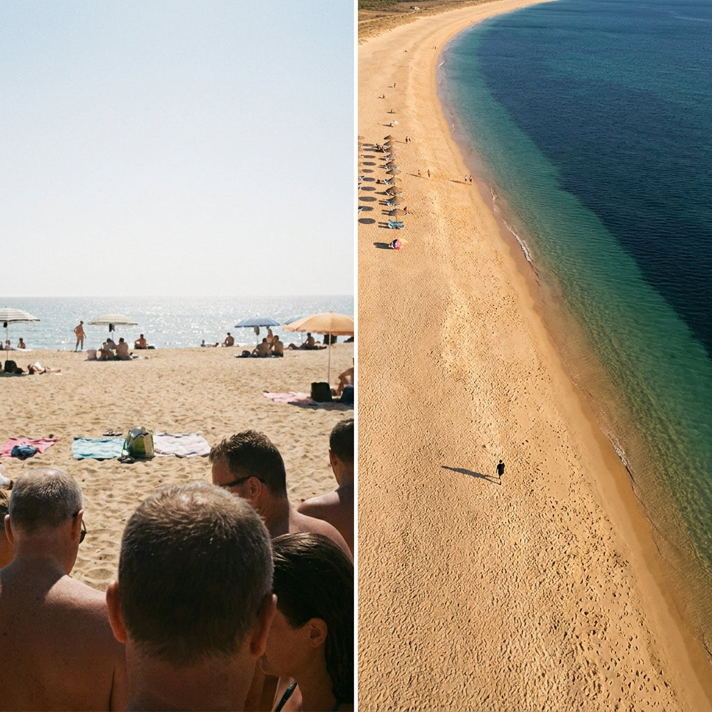 Vertical left/right split-frame in square 1:1 format divided by a thin 2-pixel white line. Left half: a flat, unremarkable eye-level beach photo taken from the sand — people's heads crowding the foreground, horizon line cut awkwardly, colors washed out in harsh midday glare. Right half: a stunning aerial drone perspective of the identical beach location — coastline curving gracefully into the distance, turquoise-to-navy water gradient visible, a single tiny figure on the sand giving dramatic scale. Both hal